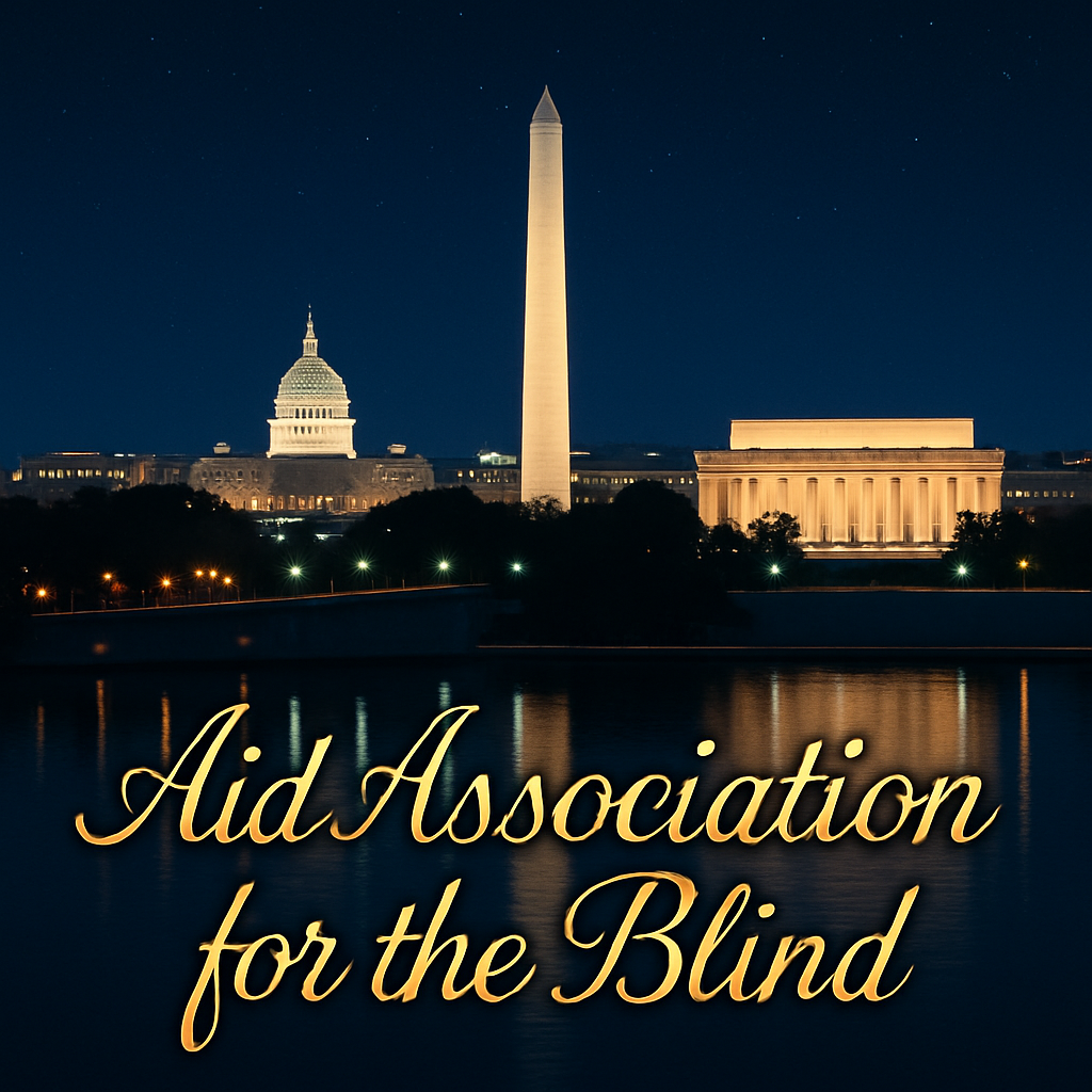 The words Aid Association for the blind are set in golden letters over a backdrop of the Washington, DC skyline at night.