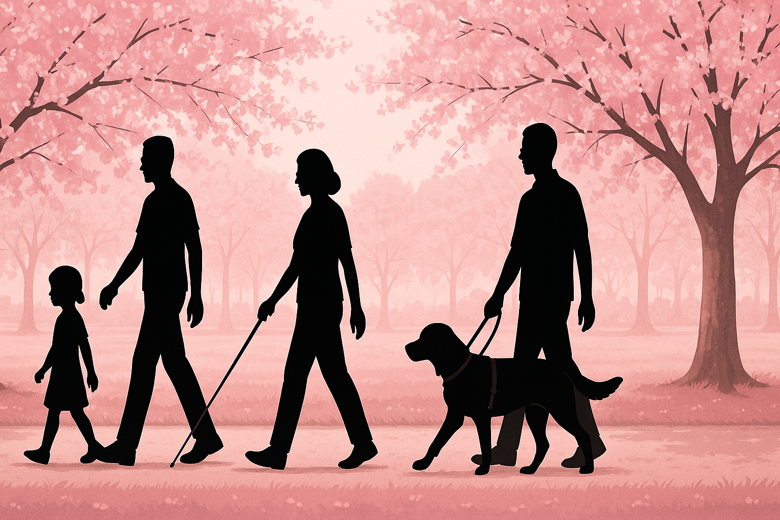 The silhouettes of several adults and a child are seen walking through a park under cherry trees, one of whom uses a mobility cane and another holds the harness of a guide dog.
